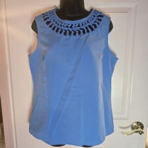 Blue and Black Blouse with Decorative Neckline